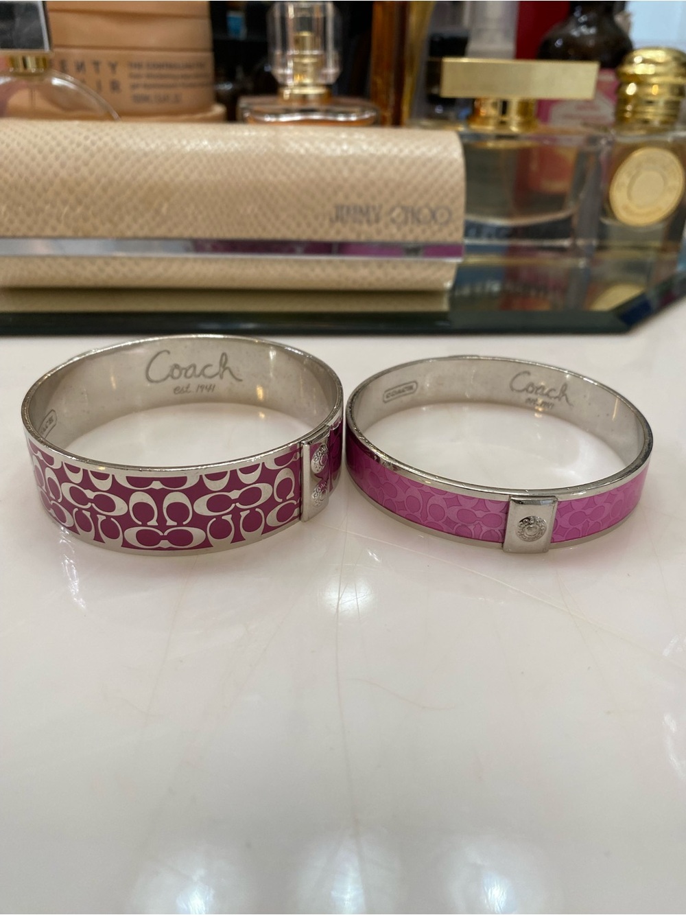 Coach Signature C Wide & Poppy Thin Silver Enamel Bangle Set, Magenta/Light Pink - Picture 2 of 8
